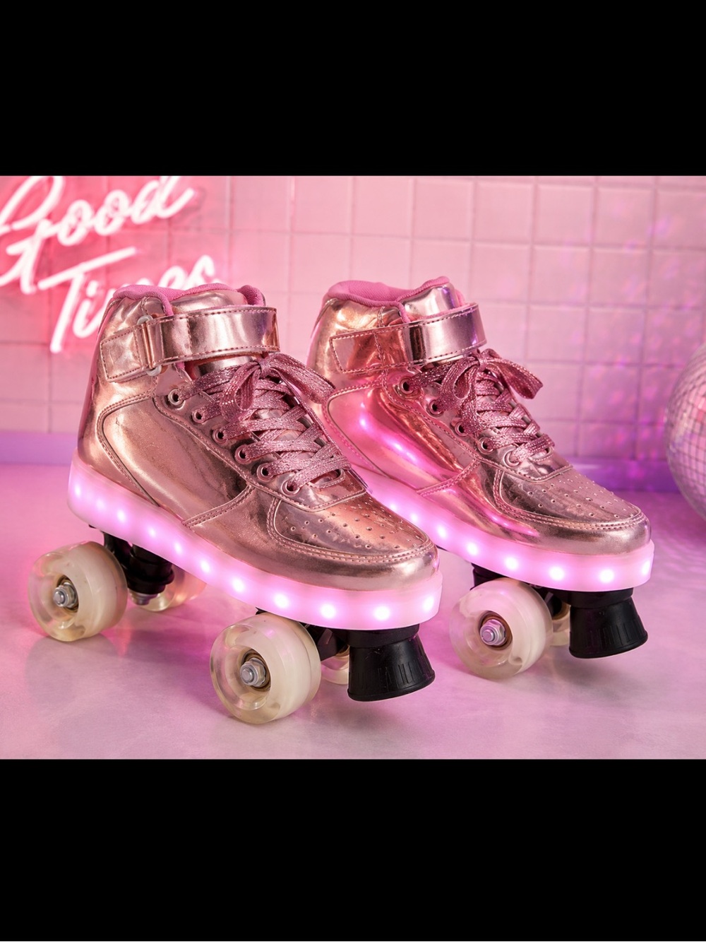 Dolls Kill Metallic Rose Gold LED Light Up High Top Roller Skates Pink Women's